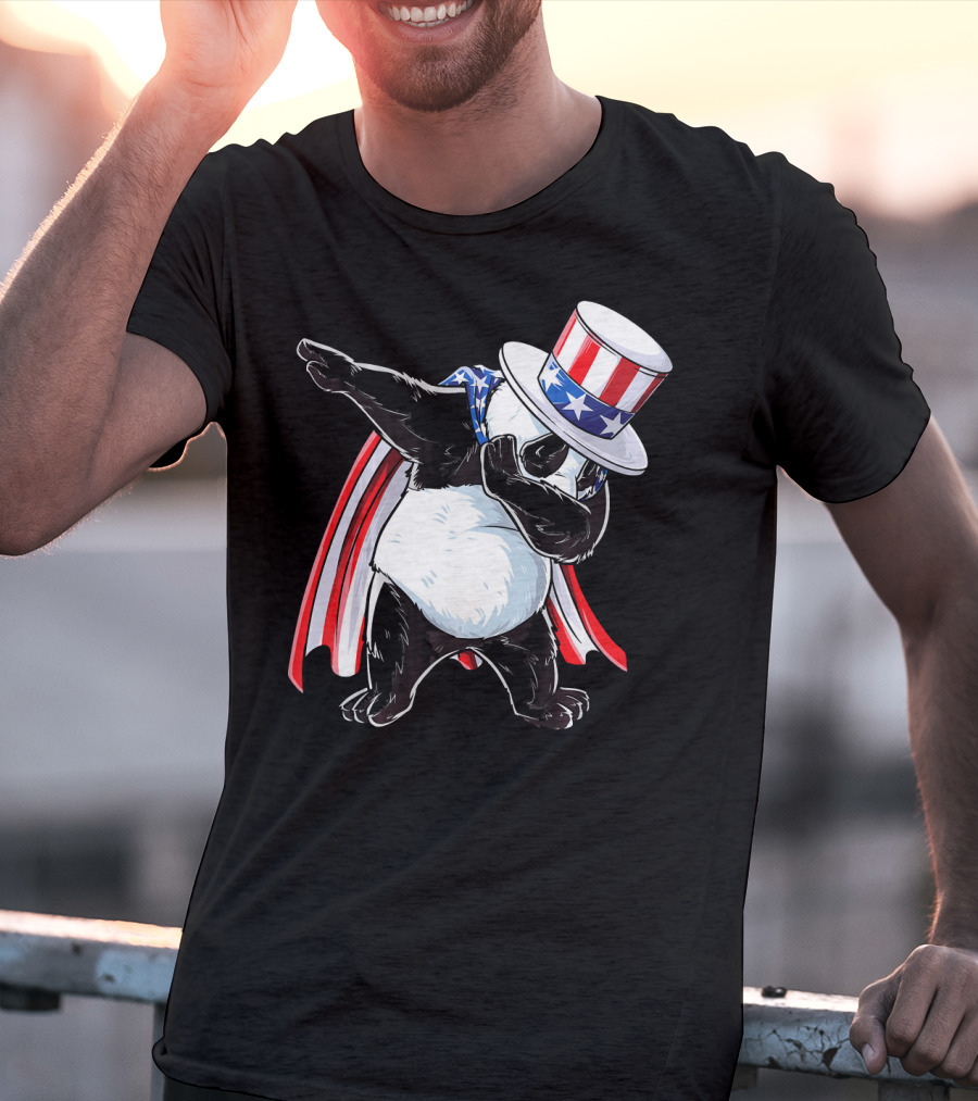 Uncle Sam Panda Dabbing With Stars And Stripes Hat And Cape T-Shirt