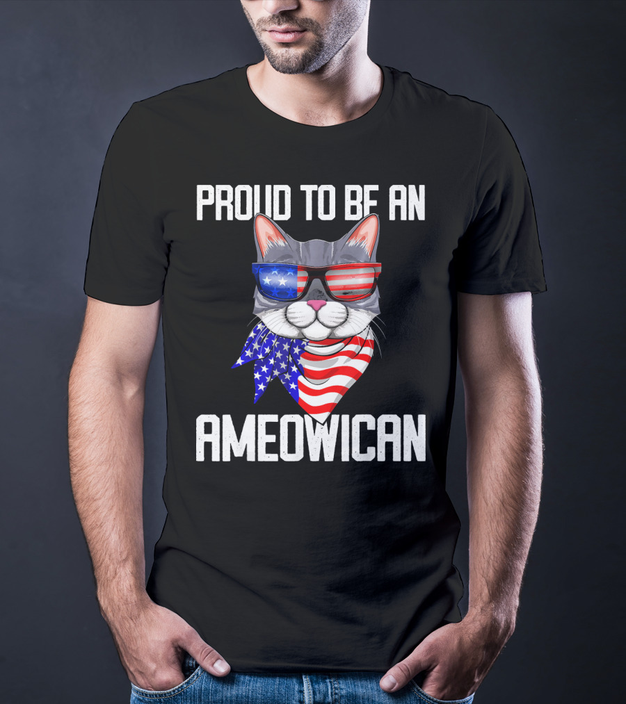 Proud To Be An Ameowican Cat With American Flag Glasses And Scarf T-Shirt