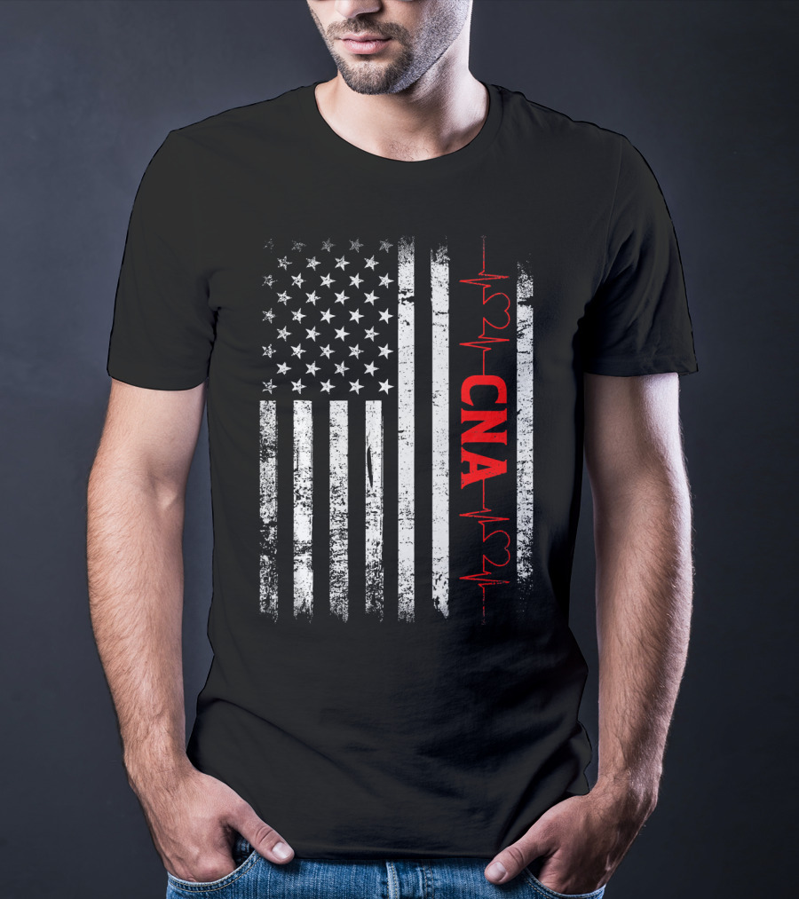 American Flag Heartbeat Red CNA Patriotic Nurse T-Shirt