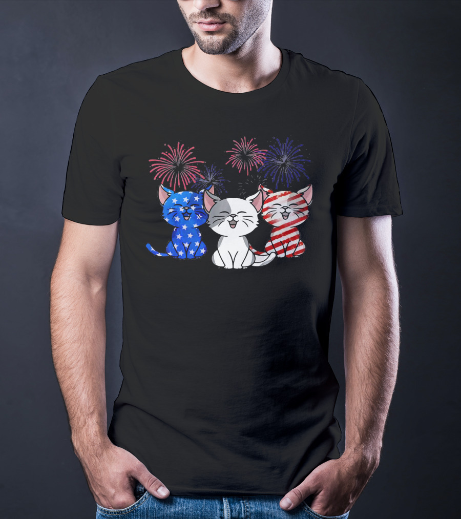 Funny Cat Fourth Of July Fireworks American Flag T-Shirt