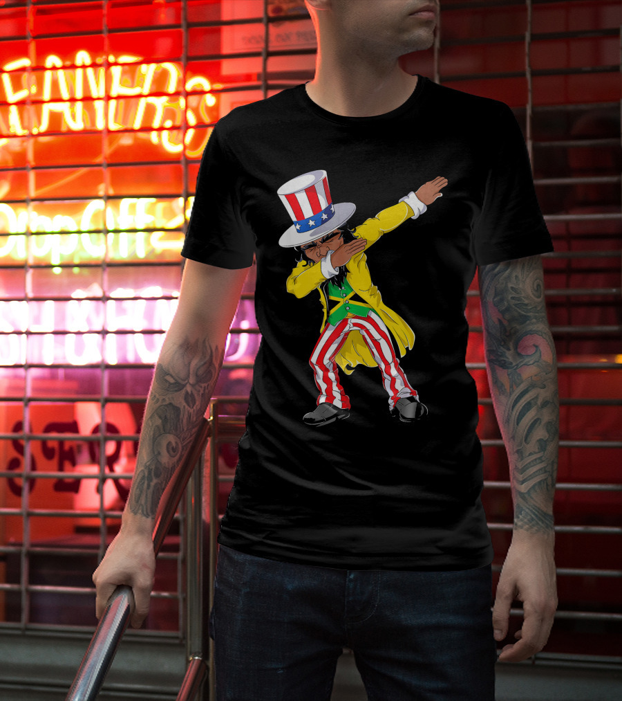 Uncle Sam Dabbing With Jamaican Flag And Red White Blue Hat In Yellow Coat T-Shirt