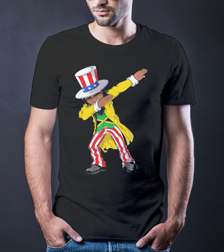 Uncle Sam Dabbing With Jamaican Flag And Red White Blue Hat In Yellow Coat T-Shirt