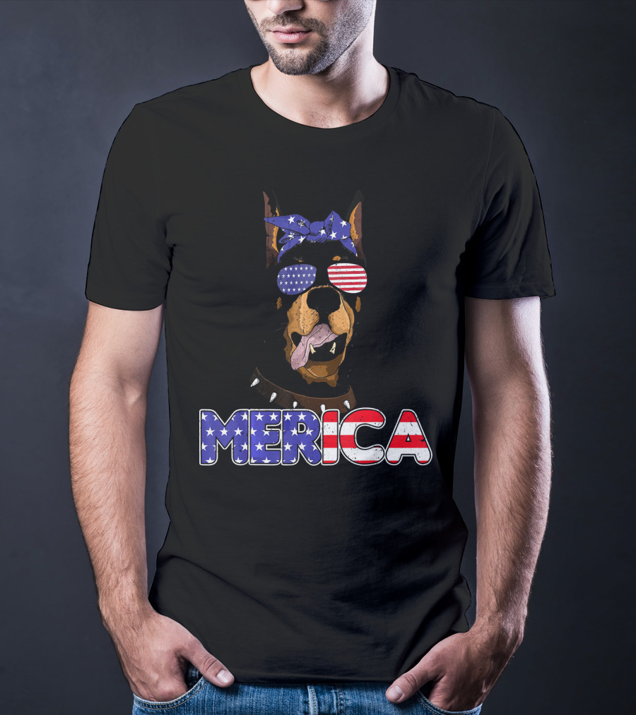Patriotic Merica Doberman Pinscher With American Flag Bandana And Sunglasses T-Shirt