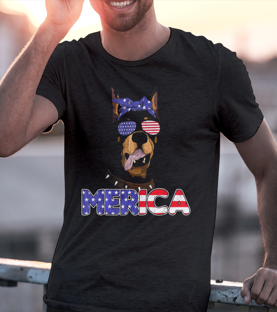 Patriotic Merica Doberman Pinscher With American Flag Bandana And Sunglasses T-Shirt