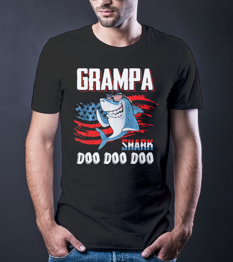 Grampa Shark Doo Doo Doo American Flag Sunglasses T-Shirt