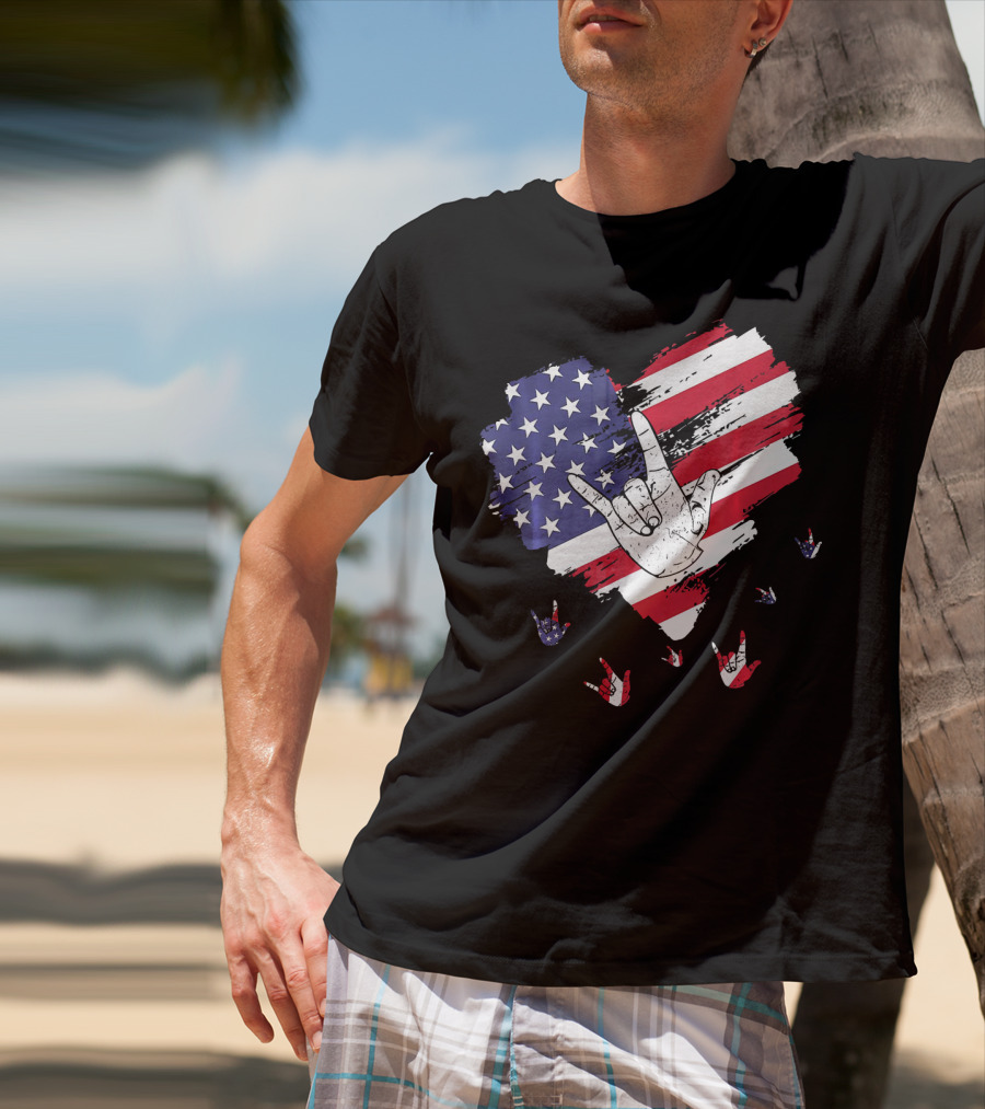I Love You American Sign Language Hand Shape Heart With USA Flag Colors T-Shirt