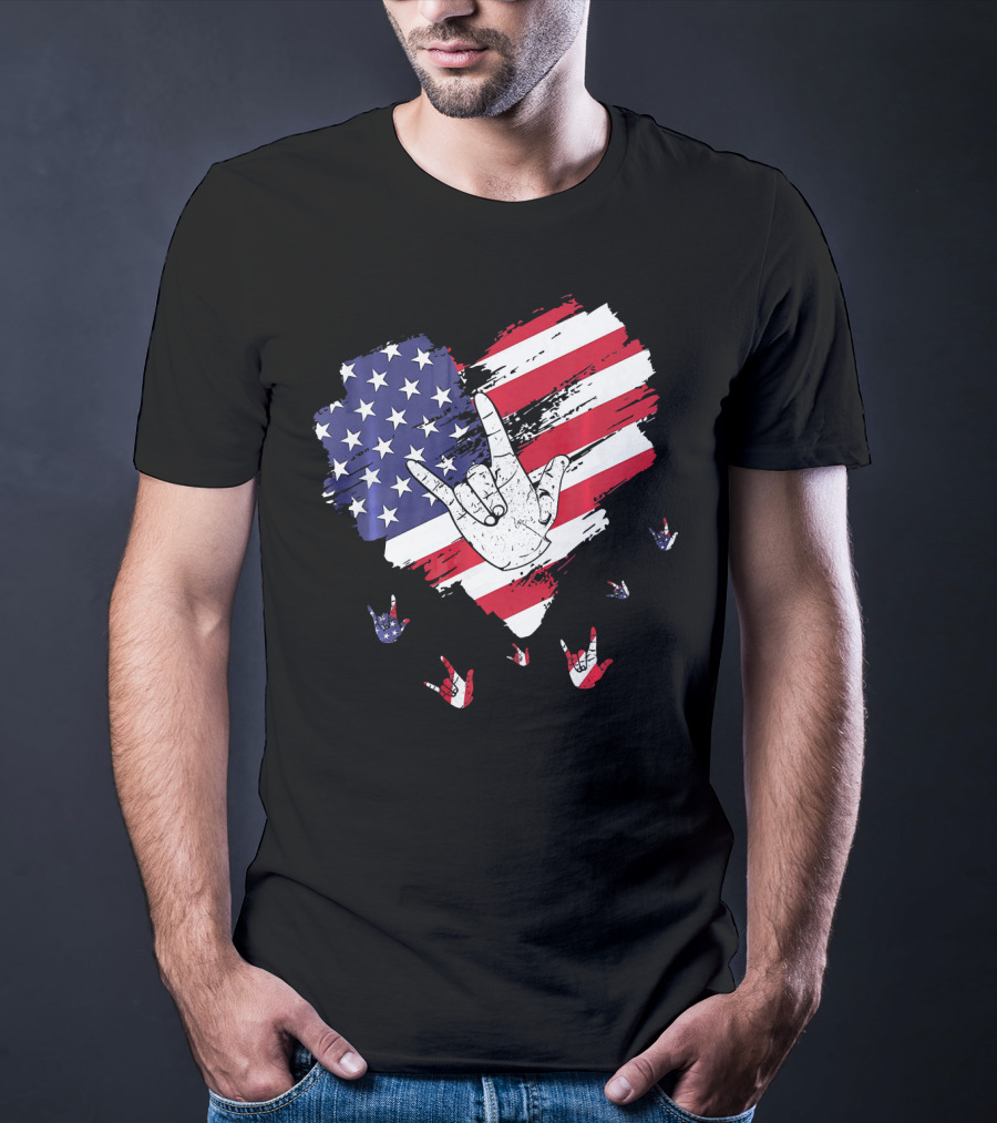 I Love You American Sign Language Hand Shape Heart With USA Flag Colors T-Shirt