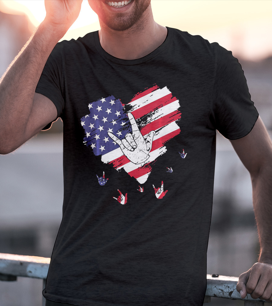 I Love You American Sign Language Hand Shape Heart With USA Flag Colors T-Shirt