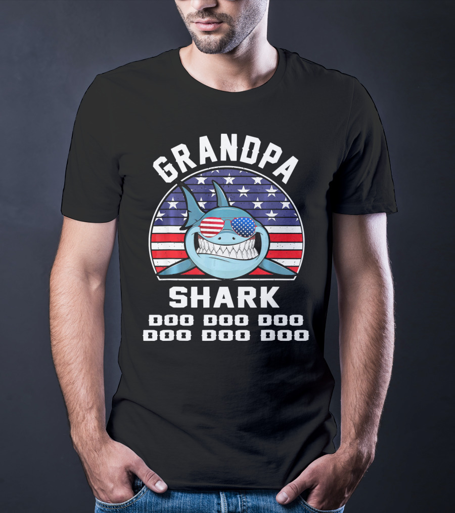 Grandpa Shark Doo Doo Doo American Flag Sunglasses T-Shirt