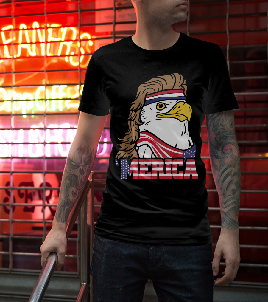 'Merica Bald Eagle Mullet Headband American Flag T-Shirt