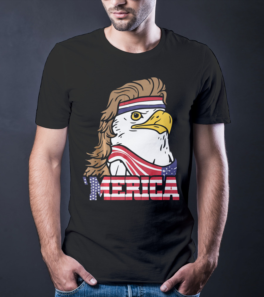 'Merica Bald Eagle Mullet Headband American Flag T-Shirt
