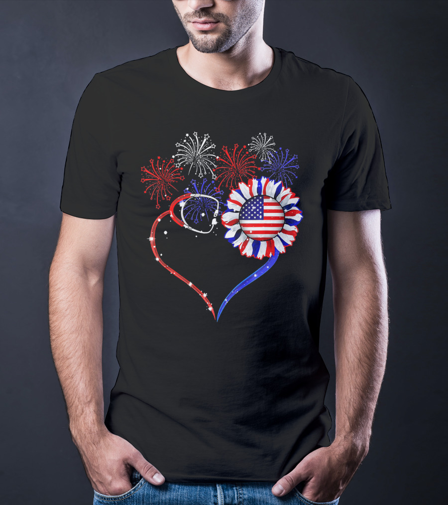 Nurse Heart Stethoscope Sunflower American Flag Fireworks T-Shirt