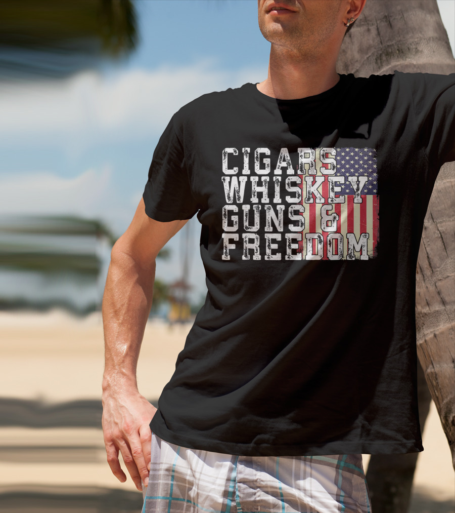 Cigars Whiskey Guns And Freedom American Flag T-Shirt