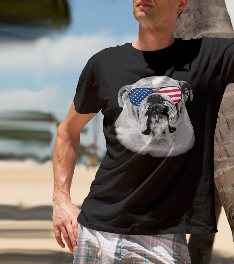 Patriotic Bulldog Dog Merica American Flag Sunglasses T-Shirt