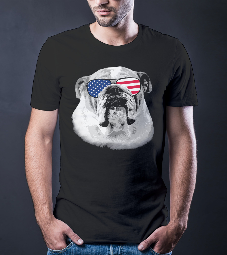 Patriotic Bulldog Dog Merica American Flag Sunglasses T-Shirt