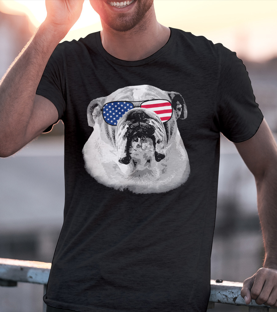 Patriotic Bulldog Dog Merica American Flag Sunglasses T-Shirt