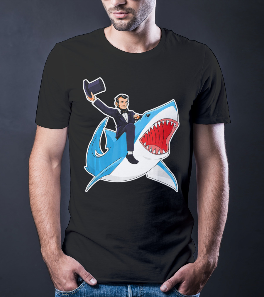 Abraham Lincoln Riding A Shark Waving Top Hat Adventure T-Shirt
