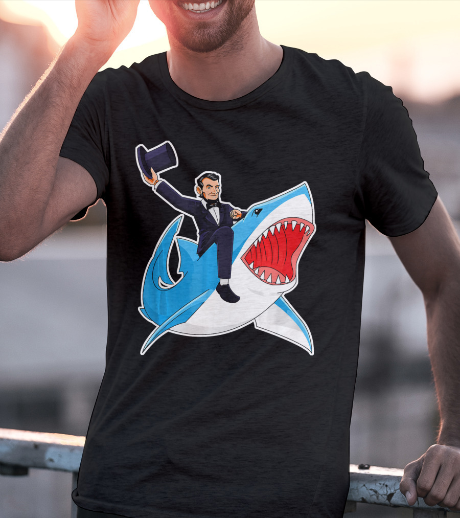 Abraham Lincoln Riding A Shark Waving Top Hat Adventure T-Shirt