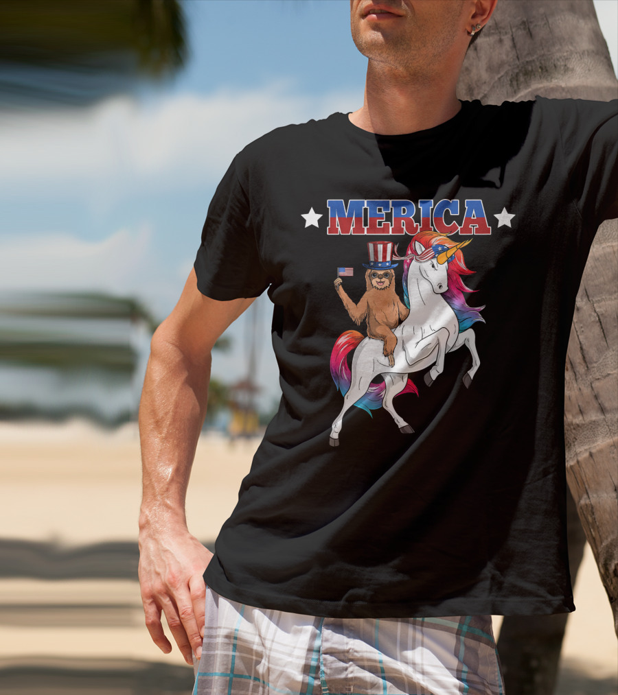 Merica Sloth Riding Patriotic Unicorn With USA American Flag T-Shirt