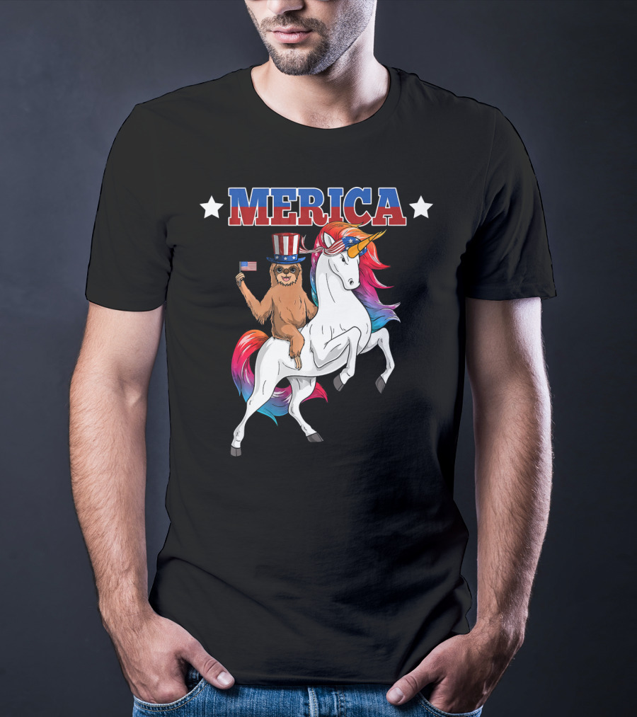 Merica Sloth Riding Patriotic Unicorn With USA American Flag T-Shirt