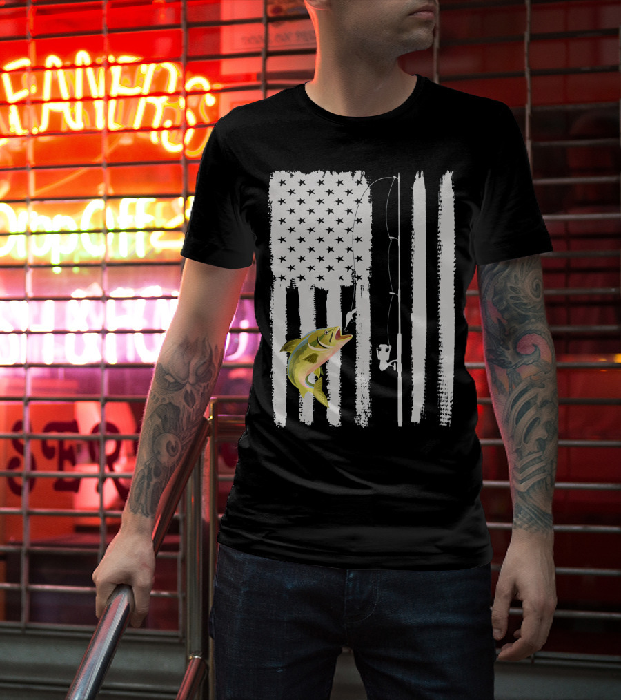 American Flag Fishing Pole With Fish USA Patriotic T-Shirt