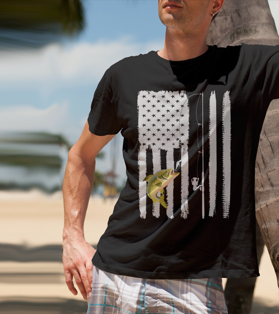 American Flag Fishing Pole With Fish USA Patriotic T-Shirt