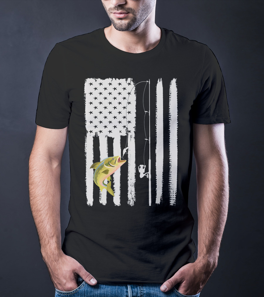American Flag Fishing Pole With Fish USA Patriotic T-Shirt