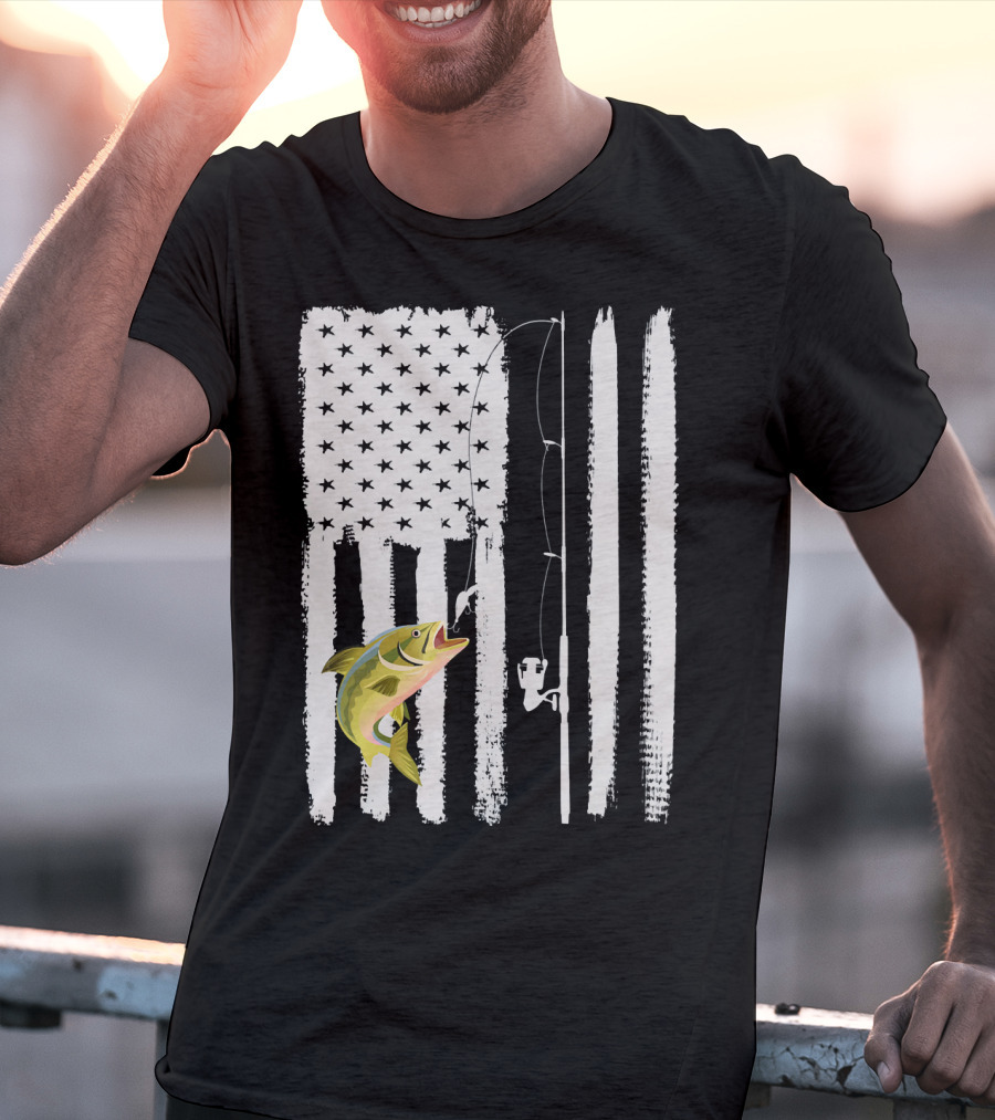 American Flag Fishing Pole With Fish USA Patriotic T-Shirt