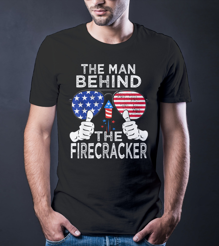 The Man Behind The Firecracker Patriotic Sunglasses Stars Stripes T-Shirt