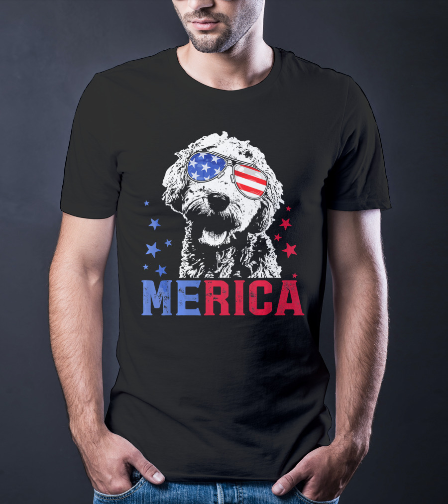 Merica Goldendoodle USA Flag Sunglasses Patriotic Stars T-Shirt