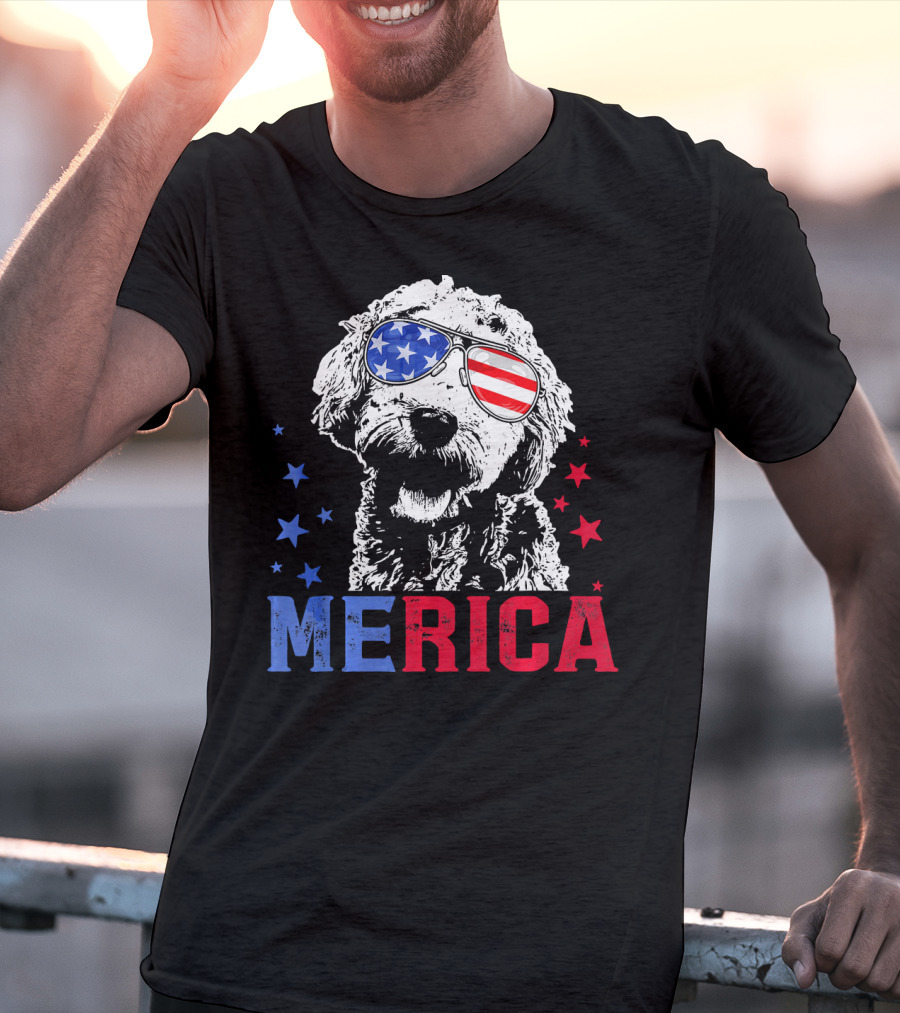 Merica Goldendoodle USA Flag Sunglasses Patriotic Stars T-Shirt