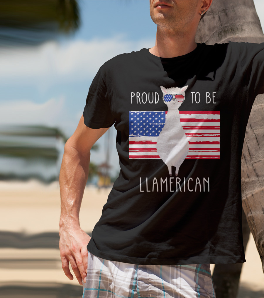 Proud To Be Llamerican Funny Llama With American Flag Sunglasses T-Shirt