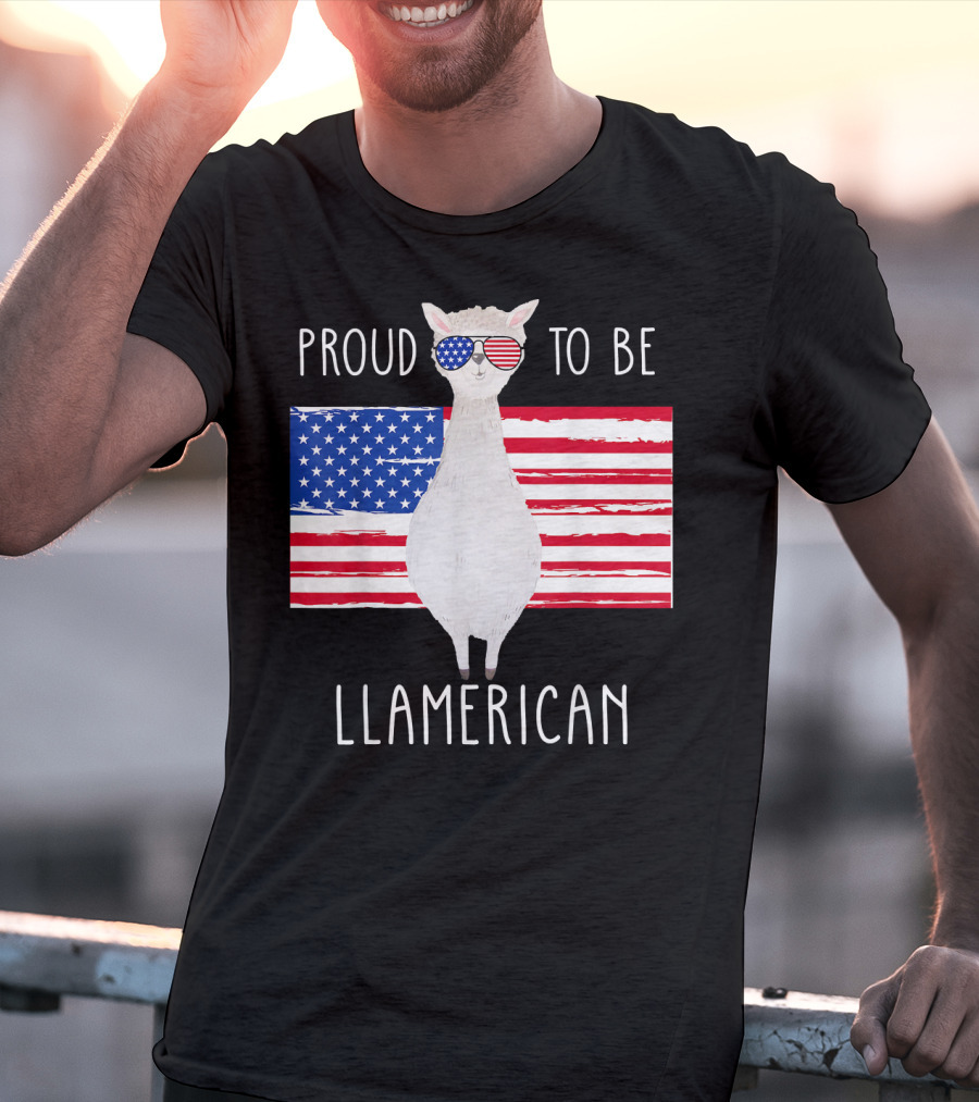 Proud To Be Llamerican Funny Llama With American Flag Sunglasses T-Shirt