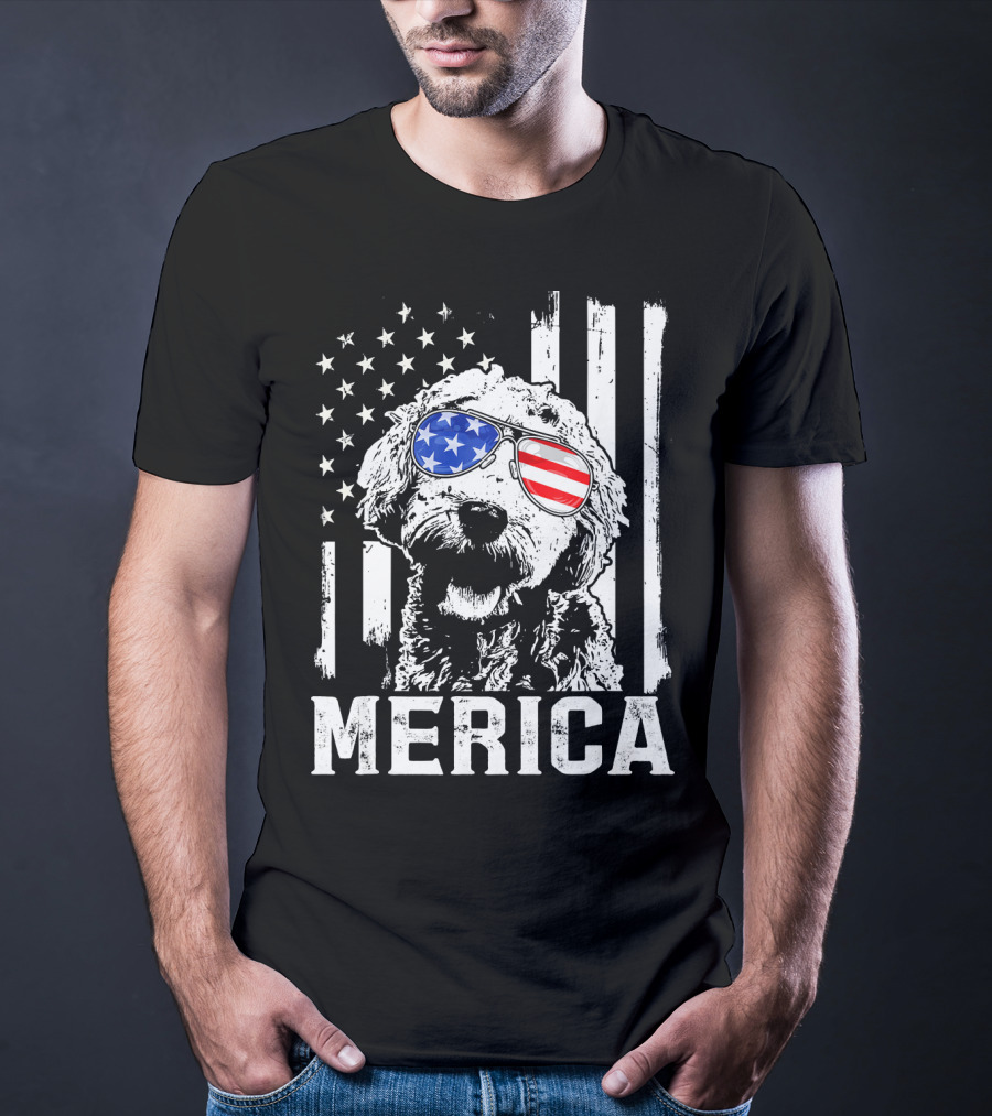 Merica Goldendoodle With American Flag Sunglasses And Stripes T-Shirt