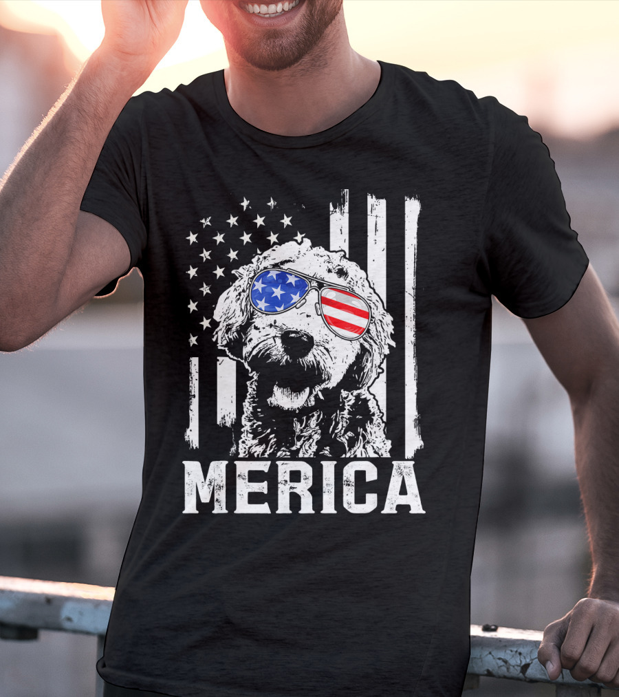 Merica Goldendoodle With American Flag Sunglasses And Stripes T-Shirt