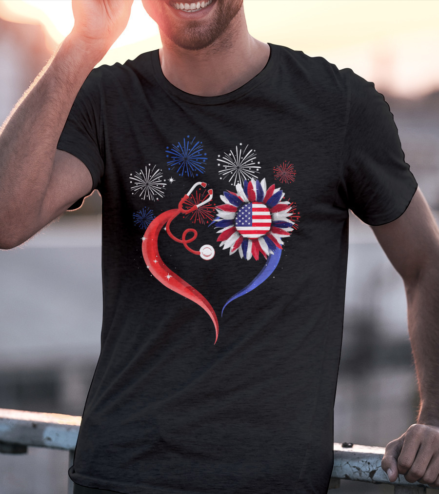 Heart Shaped Red Stethoscope Sunflower With USA Flag And Fireworks T-Shirt