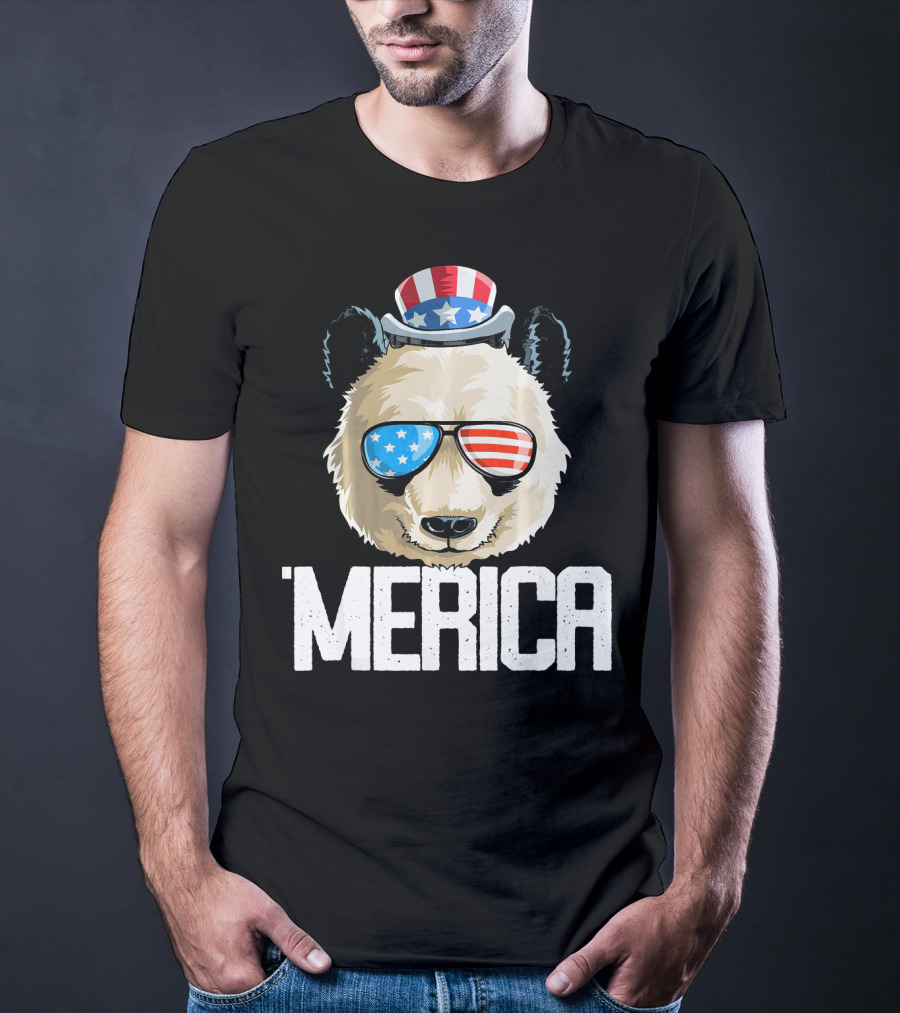 'Merica Panda With Patriotic Sunglasses And Uncle Sam Hat T-Shirt