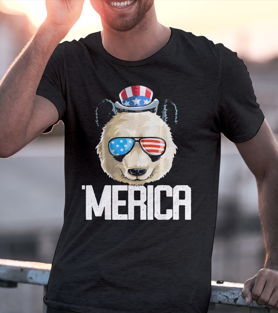 'Merica Panda With Patriotic Sunglasses And Uncle Sam Hat T-Shirt