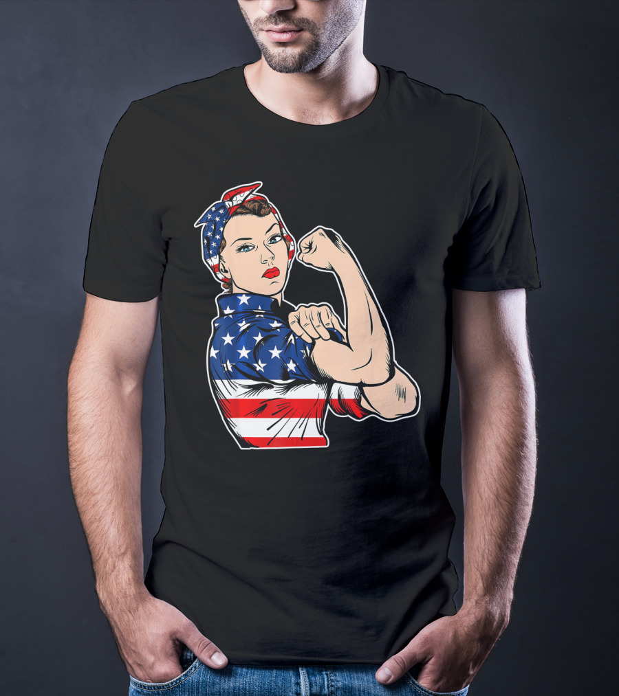 USA Flag Rosie The Riveter Bandana Feminist T-Shirt