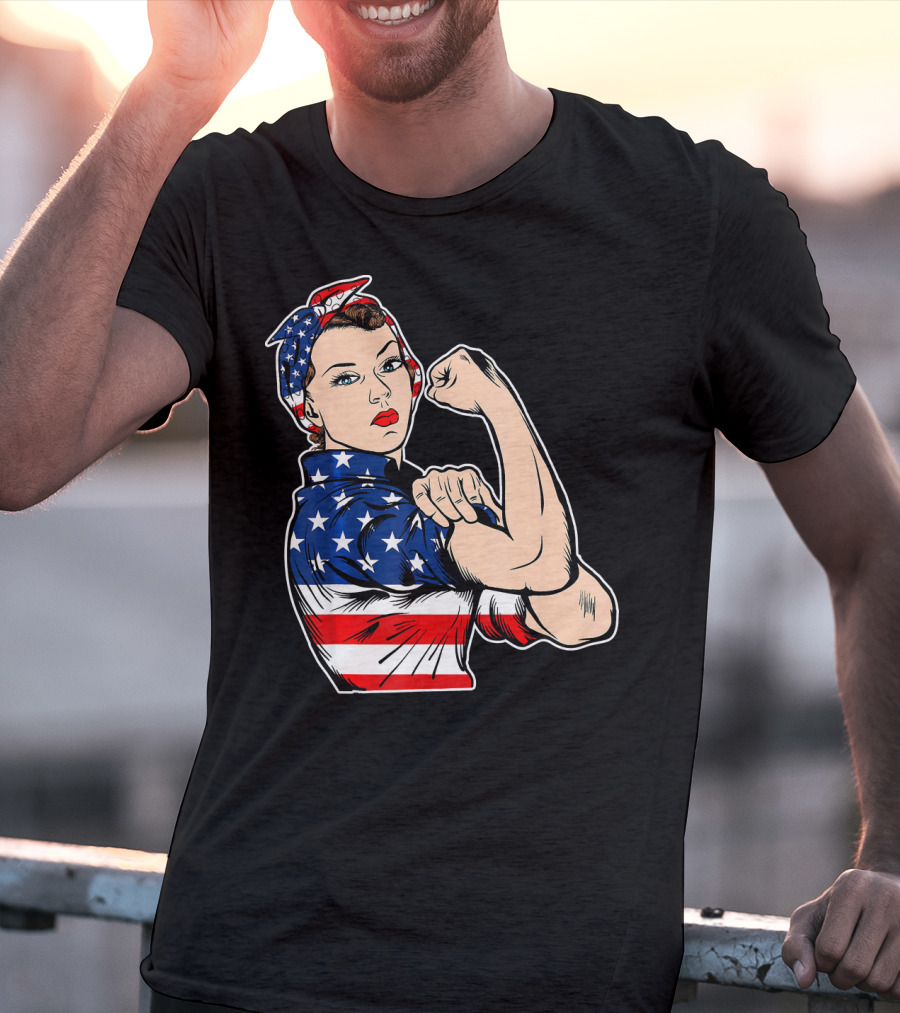 USA Flag Rosie The Riveter Bandana Feminist T-Shirt