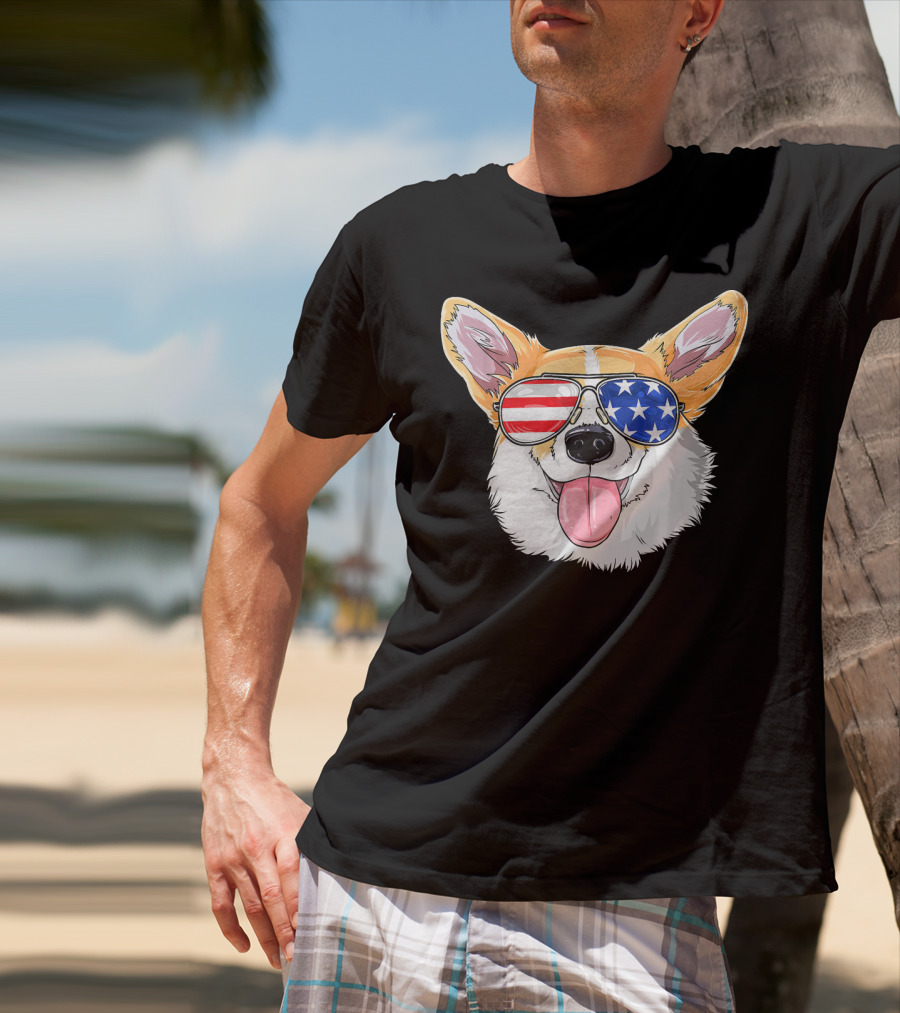 Patriotic Corgi With American Flag Sunglasses T-Shirt