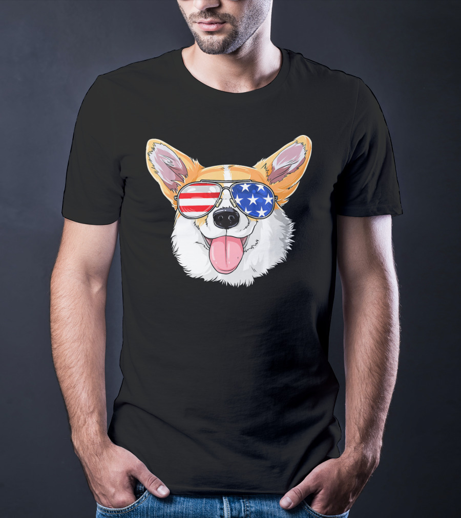Patriotic Corgi With American Flag Sunglasses T-Shirt