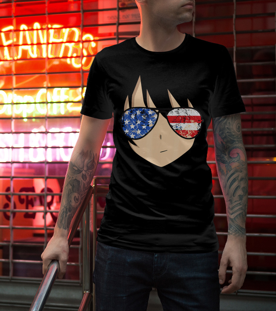 American Anime Face With Stars And Stripes USA Sunglasses T-Shirt