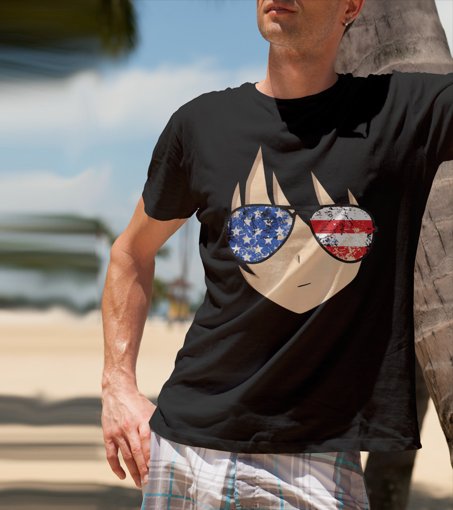 American Anime Face With Stars And Stripes USA Sunglasses T-Shirt