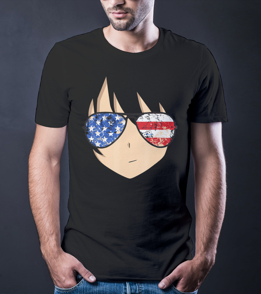 American Anime Face With Stars And Stripes USA Sunglasses T-Shirt