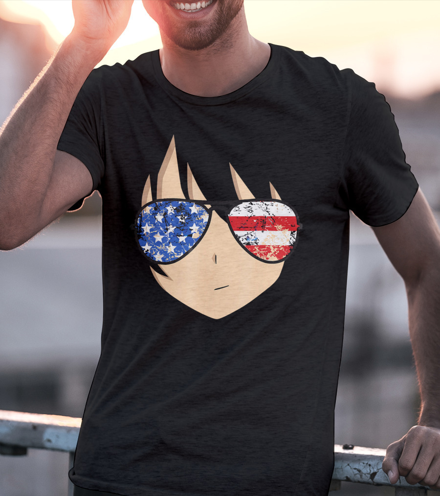 American Anime Face With Stars And Stripes USA Sunglasses T-Shirt