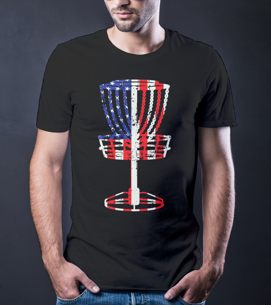 Patriotic USA Disc Golf Basket American Flag Frisbee Golfing T-Shirt