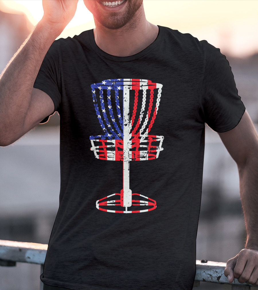 Patriotic USA Disc Golf Basket American Flag Frisbee Golfing T-Shirt