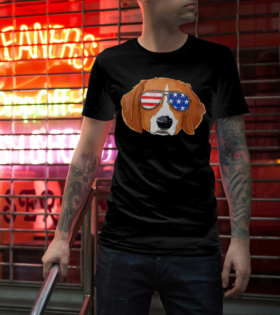 Beagle Wearing American Flag Sunglasses With Patriotic T-Shirt