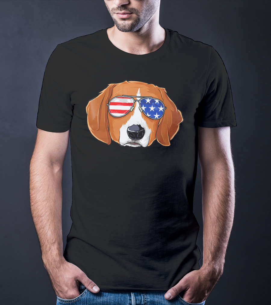 Beagle Wearing American Flag Sunglasses With Patriotic T-Shirt